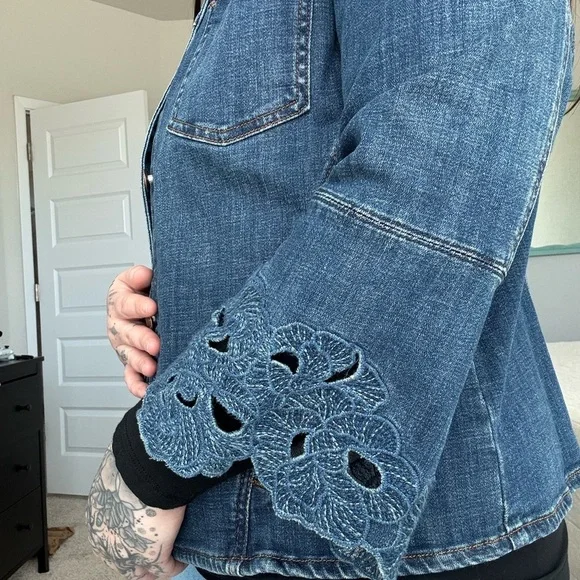 Chico's Blue Jean Jacket with Lace Sleeves - Picture 2 of 11